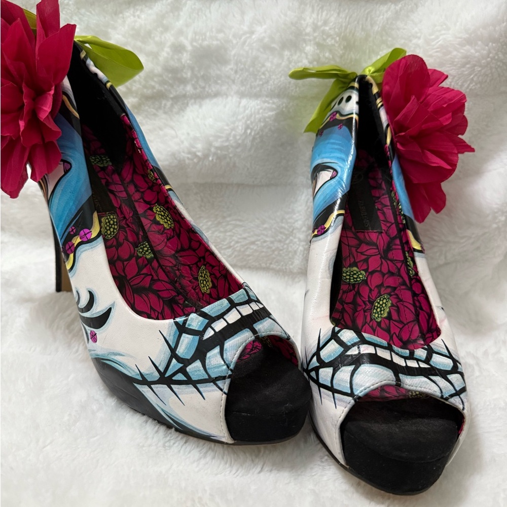 JustFab Artistic Peep-Toe Heels with Pink and Green Floral Accents